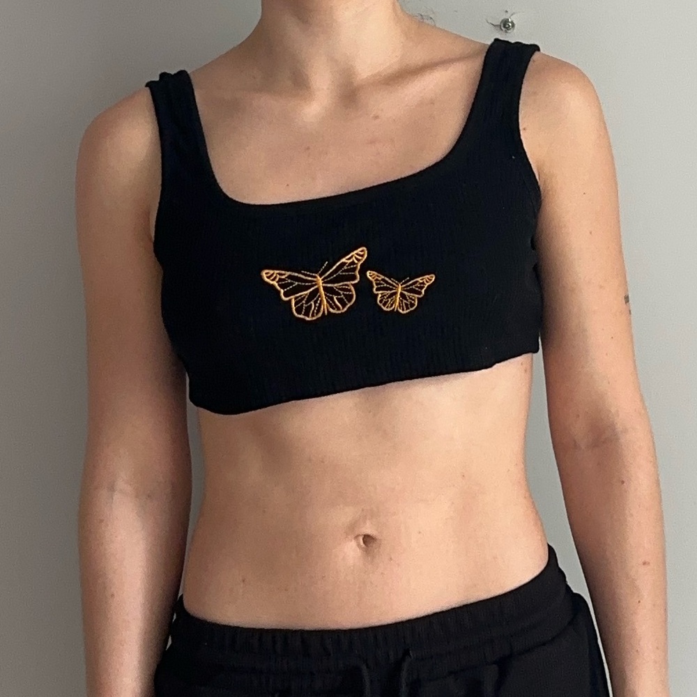 Black Crop Top with Orange Butterfly Design